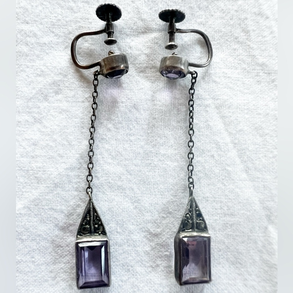 Vintage Art Deco Sterling Silver and Purple Amethyst Dangle Earrings